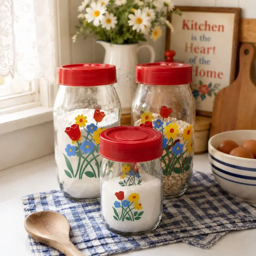 Vintage Carlton Glass Floral Canister Set 3 Red Lid Kitchen Storage Jars 80s